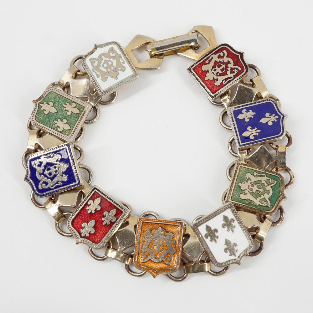 Vintage Heraldic Victorian Revival Enamel Crest Fleur de lis Bracelet 6.75 inch